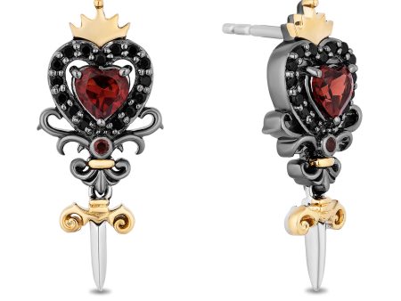 Enchanted Disney Fine Jewelry Black Rhodium Over Sterling Silver and 14K Yellow Gold with 1 4 CTTW Diamonds and Garnet Evil Queen Dagger Earrings Hot on Sale