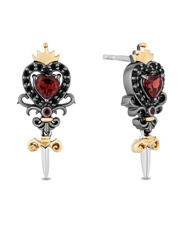 Enchanted Disney Fine Jewelry Black Rhodium Over Sterling Silver and 14K Yellow Gold with 1 4 CTTW Diamonds and Garnet Evil Queen Dagger Earrings Hot on Sale