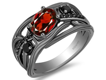 Enchanted Disney Fine Jewelry Black Rhodium Over Sterling Silver with 1 10 CTTW Black Diamonds and Garnet Evil Queen Dark Woods Ring For Sale