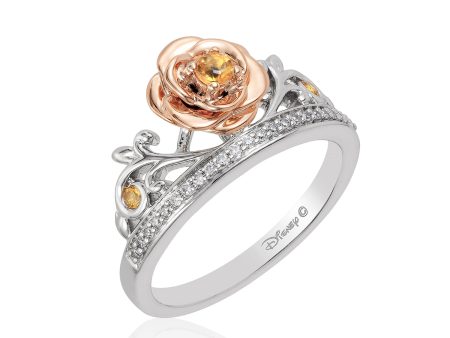 Enchanted Disney Fine Jewelry 14K Rose Gold Over Sterling Silver with 1 10 CTTW Diamond with Yellow Citrine Belle Rose Ring Online now