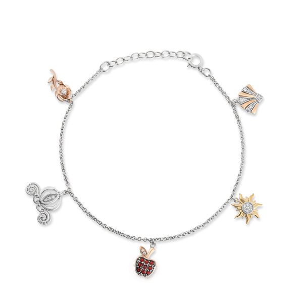 Enchanted Disney Fine Jewelry 14K Rose Gold and Yellow Gold Over Sterling Silver with 1 8 CTTW Diamonds and Garnet Majestic Princess Charm Bracelet For Discount