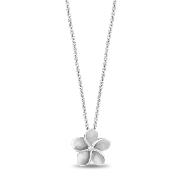 Enchanted Disney Fine Jewelry Sterling Silver with Accent Diamonds Moana Plumeria Flower Pendant Necklace Online now