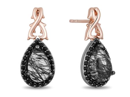 Enchanted Disney Fine Jewelry Black Rhodium Over Sterling Silver and 10K Rose Gold with 1 6 CTTW Diamonds and Rutile Quartz Maleficent Earrings Supply