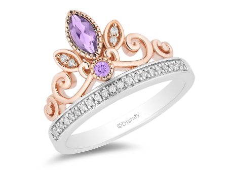 Enchanted Disney Fine Jewelry 14K Rose Gold over Sterling Silver with 1 10 CTTW Diamond and Rose-de-France Rapunzel Tiara Ring For Sale