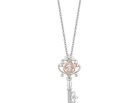 Enchanted Disney Fine Jewelry 14K Rose Gold Over Sterling Silver 1 20 CTTW Diamond Belle Key Pendant Necklace For Sale