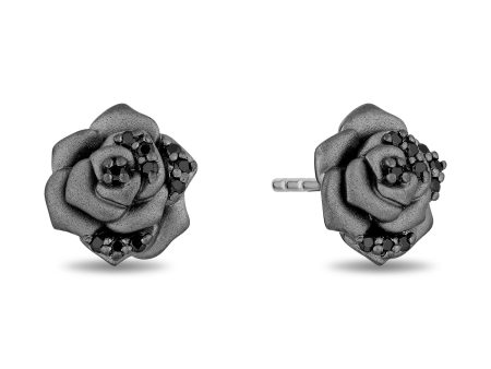 Enchanted Disney Fine Jewelry Black Rhodium Over Sterling Silver with 1 6 CTTW Black Diamonds Maleficent Rose Stud Earrings Cheap