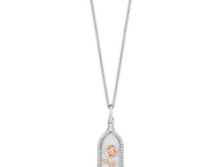 Enchanted Disney Fine Jewelry 14K Rose Gold Over Sterling Silver with 1 6 CTTW Diamonds and Mother of Pearl Belle Rose Jar Pendant Necklace Online