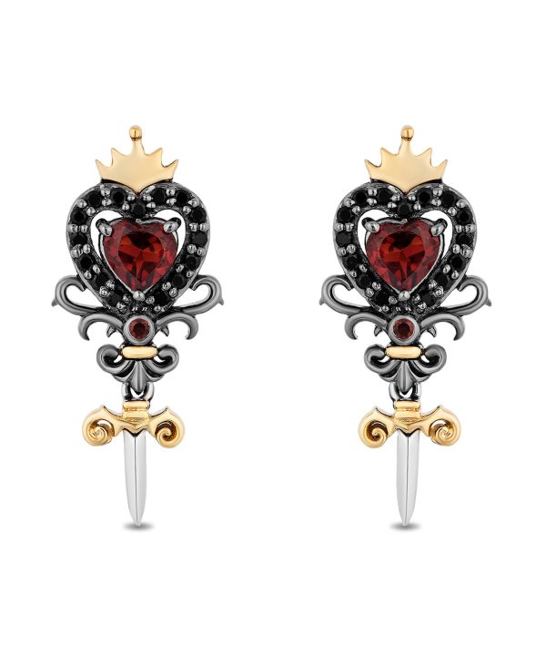 Enchanted Disney Fine Jewelry Black Rhodium Over Sterling Silver and 14K Yellow Gold with 1 4 CTTW Diamonds and Garnet Evil Queen Dagger Earrings Hot on Sale