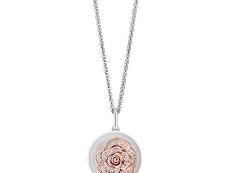 Enchanted Disney Fine Jewelry Sterling Silver and 10K Rose Gold with 1 8 CTTW Diamonds and White Topaz Belle Pendant Necklace For Sale