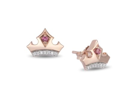 Enchanted Disney Fine Jewelry 10K Rose Gold with 1 20 CTTW Diamond and Pink Topaz Aurora Tiara Earrings For Discount