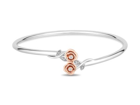 Enchanted Disney Fine Jewelry Sterling Silver and 10K Rose Gold with 1 10 CTTW Diamonds Belle Cuff Bangle Discount