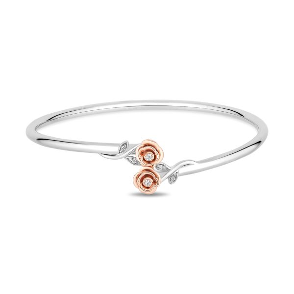 Enchanted Disney Fine Jewelry Sterling Silver and 10K Rose Gold with 1 10 CTTW Diamonds Belle Cuff Bangle Discount