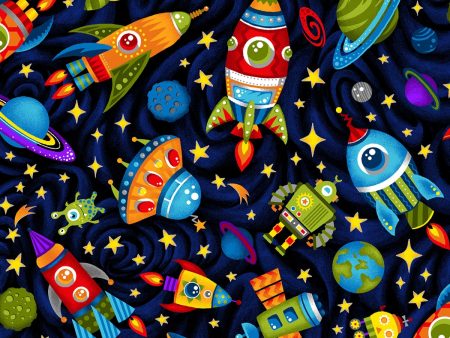 Launch Party Rocket Black  Stars and Planets Fabric by the yard Fashion