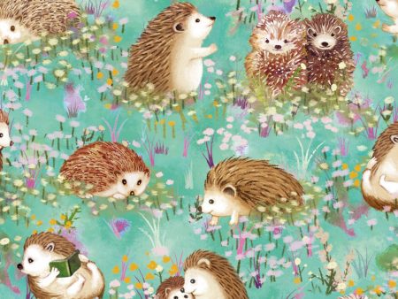 Hedgehog Village Turquoise Fabric by the yard Hot on Sale