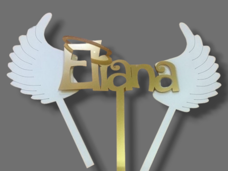 3 piece Matte acrylic topper (white and gold)  Name  with angel wings Fashion