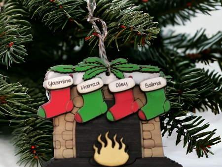 Personalized fireplace with stockings wooden ornament Hot on Sale