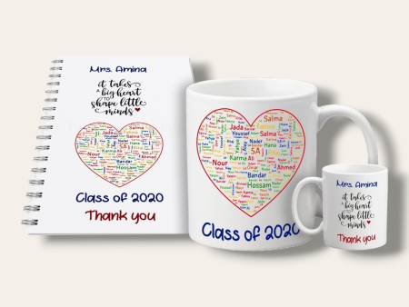 Teacher mug and notebook set (Students  names in heart) Discount