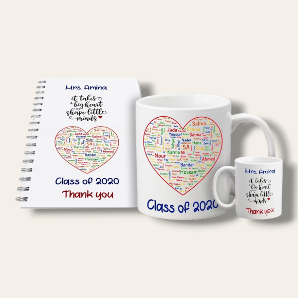 Teacher mug and notebook set (Students  names in heart) Discount